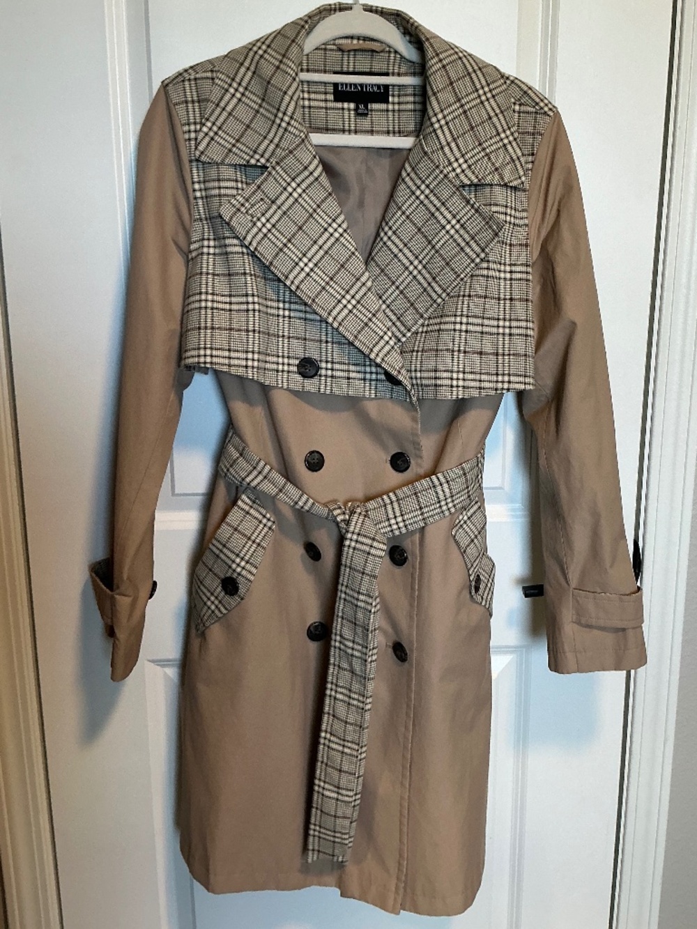 NWOT Ellen Tracy Trench Coat, Tan/Plaid, XL